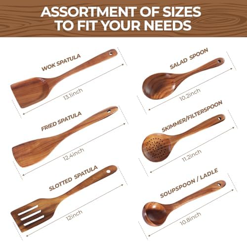 AIUHI Nonstick Natural Wooden Kitchen Utensils Set, Smooth Finish Teak Wood - Image 4