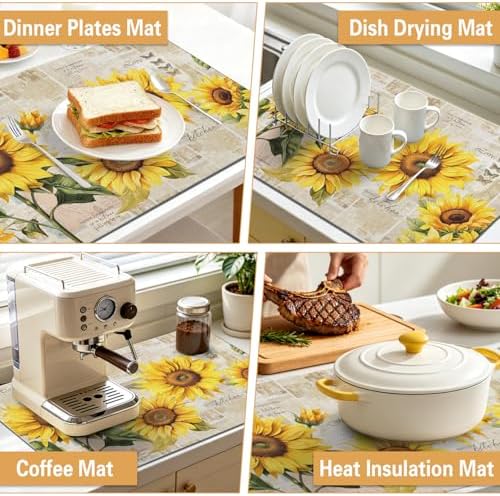 Sunflower Kitchen Countertop Dish Drying Mat, Super Absorbent Coffee Bar Mat - Image 6