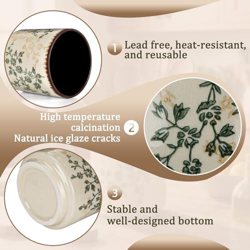 Rustic Ceramic Utensil Holder Brown Green Floral 5.5" - Image 3