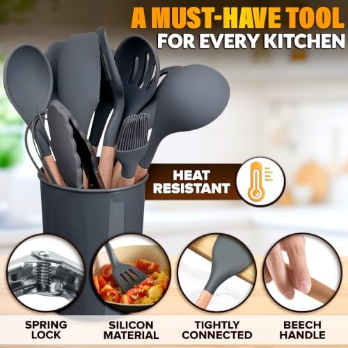 Set of 12 Gray Silicone Kitchen Utensils Set - Image 3