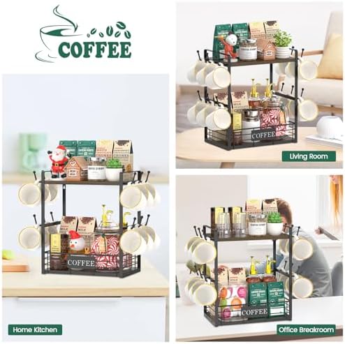 EsLuker.ly Coffee Mug Cup Holder Tree Bar Station Organizer, 2 Tier Brown - Image 6