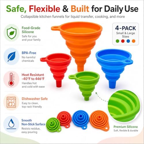 Collapsible Silicone Kitchen Funnels, 4 Pack Food Grade Foldable Funnel Set - Image 3