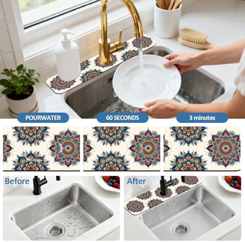 2 Pcs Kitchen Sink Splash Guard Faucet Mat Colored Mandala Faucet Mats - Image 5