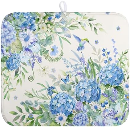 Blue Hydrangea Dish Drying Mat for Kitchen Counter 16 x 18 Inch Spring Floral by Wnoesat