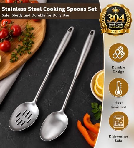 2 Pcs Stainless Steel Cooking Spoons Set, 304 Solid & Slotted Metal Serving - Image 2