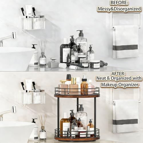 2-Tier Rotating Bathroom Countertop Organizer, Wooden Makeup Vanity Storage - Image 3