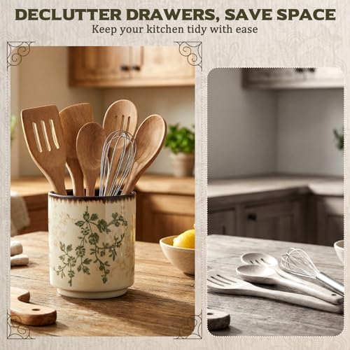 Rustic Ceramic Utensil Holder Brown Green Floral 5.5" - Image 4