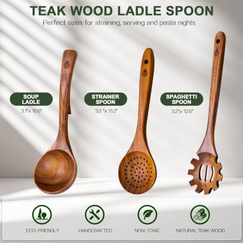 3 Pcs Teak Wooden Soup Ladle, Pasta & Slotted Spoon - Image 4