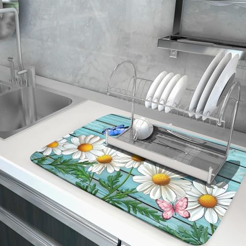 Daisy Dish Drying Mat for Kitchen Counter 18”x24” Rustic Daisy Absorbent Dish - Image 5