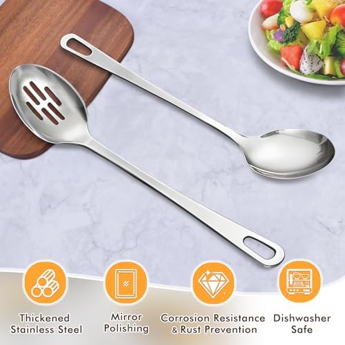 2 Pcs Stainless Steel Cooking Spoons Set, Solid & Slotted Metal Serving Spoons - Image 2