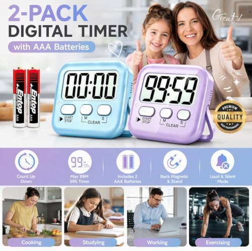 Antonki 2 Pack Digital Timer for Kids Classroom Kitchen Timers for Cooking - Image 2
