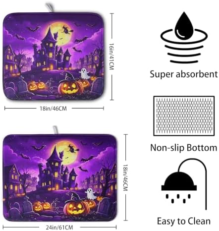 Halloween Dish Drying Mat for Kitchen Counter Witch Castle Bats Ghost Purple - Image 2