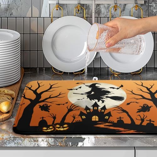 Halloween Dish Drying Mat for Kitchen Counter 18x24 Witch Castle Bats Ghost - Image 5