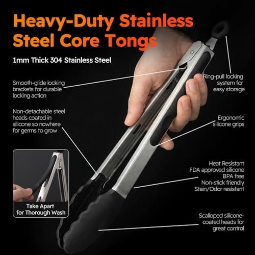 HST Non Stick Cooking Tongs Silicone Tips, 3 Pack 12 Inch Black BBQ Baking - Image 5