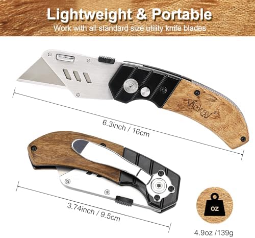 Vickay Folding Utility Knife, Heavy Duty Box Cutter, Razor Knife-Wood - Image 3