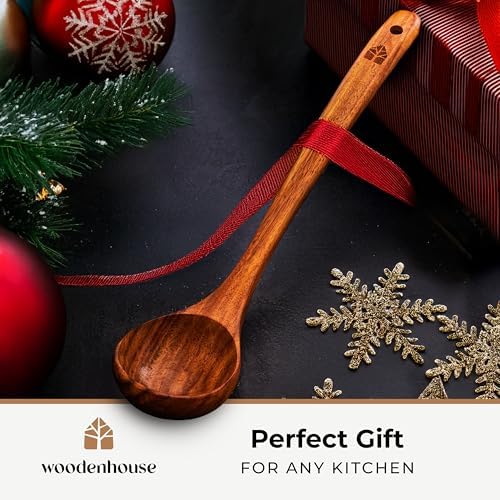 Wooden Ladle for Cooking, 12.4" Teak Soup Spoon, Medium 2 oz Serving Scoop - Image 2