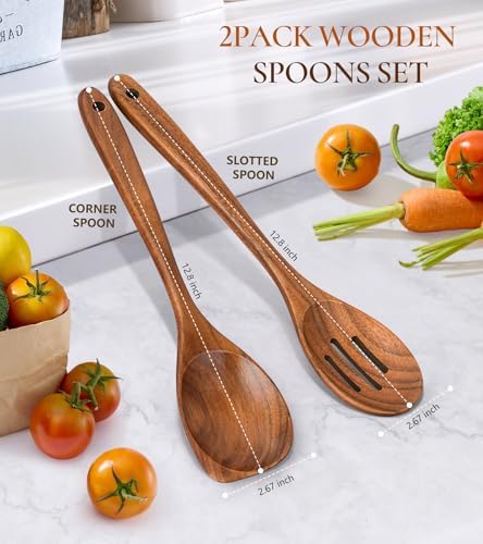 2Pcs Teak Wooden Utensil Set Large Corner Spoon & Slotted Spoon - Image 3