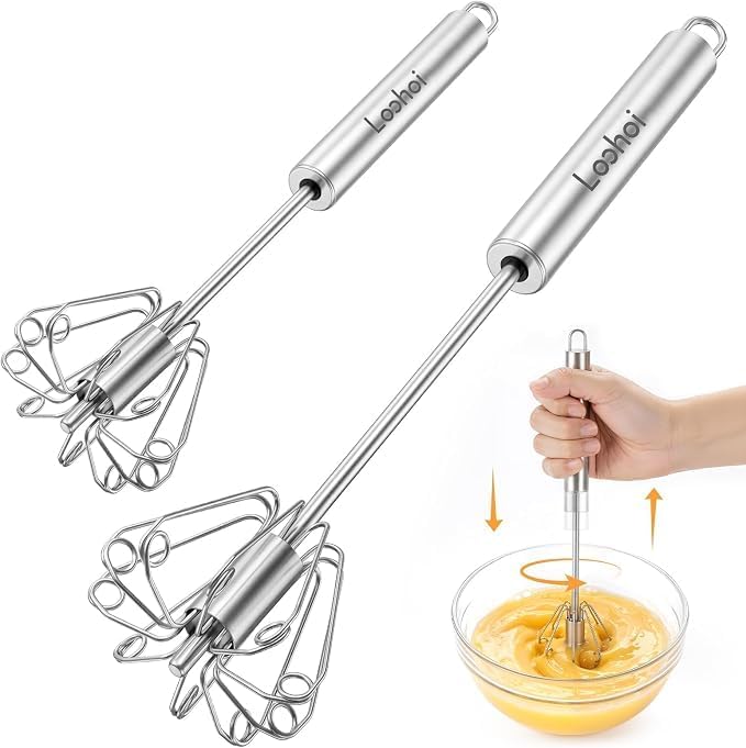 2 Packs Upgraded Stainless Steel Semi-Automatic Whisk, 10inch & 12inch by LOOHOI