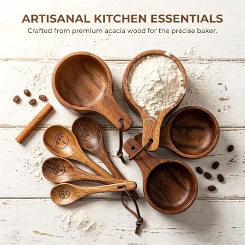 8 Piece Wooden Measuring Cups and Spoons Set, Handcrafted Kitchen Tool - Image 2