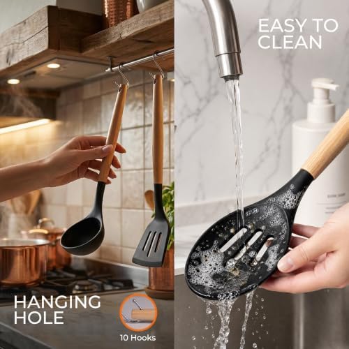 33 Pcs Silicone Kitchen Cooking Utensils Set, Wood Handle & Holder - Image 6