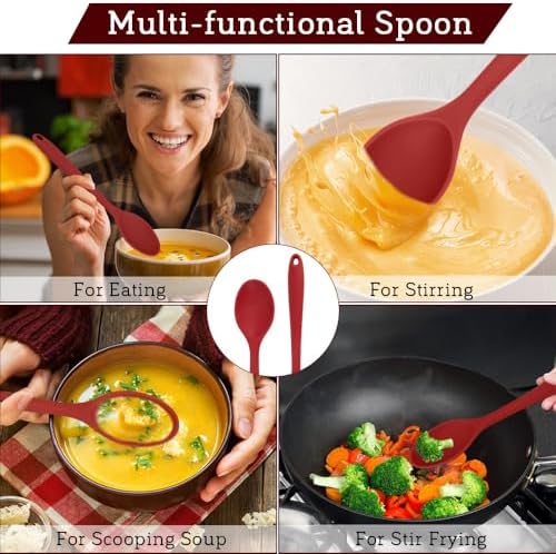 Cooking Spoon 2Pcs Red Large Serving Spoons 10.8'' Heat Resistant Silicone Spoon - Image 7