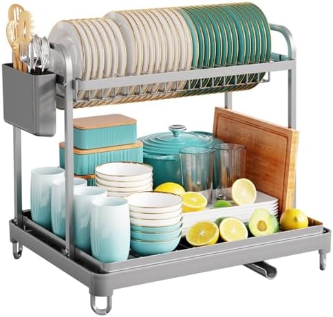 Sakugi Dish Drying Rack 2-Tier 15" x11.4" x15" Gray Double Rod - Image 3
