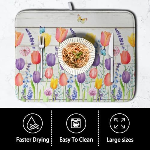 Tulip Floral Dish Drying Mat for Kitchen Counter Watercolor Spring Flower Dish - Image 4
