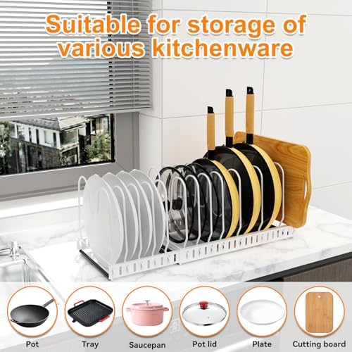 Pot and Pan Organizer Rack for Cabinet, 3 Expandable Pot Lid Organizer Holder - Image 6