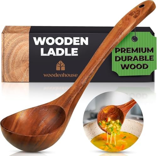 Wooden Ladle for Cooking, 12.4" Teak Soup Spoon, Medium 2 oz Serving Scoop by Woodenhouse