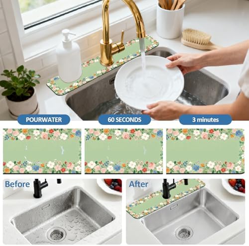 2 Pcs Kitchen Sink Splash Guard Faucet Mat Green Wreath Faucet Mat - Image 5
