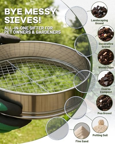 5-in-1 Soil Sifter Set with 5 Replaceable Stainless Steel Mesh Screen & Shovel - Image 5