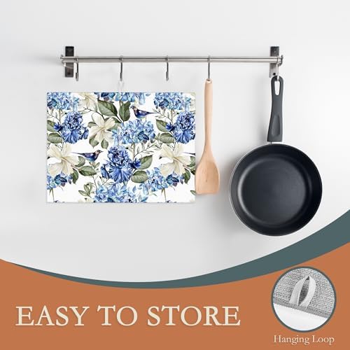 Blue Hydrangea Flowers Dish Drying Mat, Bird Drying Rack Pad Countertop Dishes - Image 3