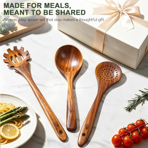 3 Pcs Teak Wooden Soup Ladle, Pasta & Slotted Spoon - Image 6