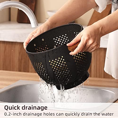 Metal Colander with Wood Handle and Stable Base, Powder Coated Steel Kitchen - Image 3