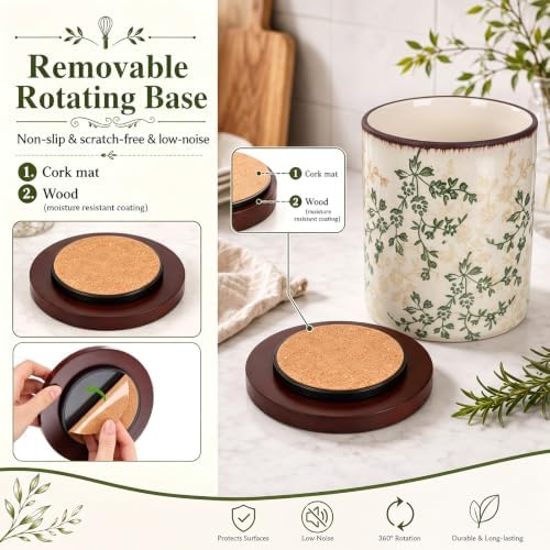 Rustic Rotating Ceramic Utensil Holder Brown Green Floral 6.9" - Image 3