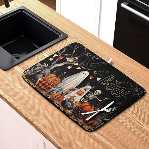 Halloween Dish Drying Mat for Kitchen Counter 16x18 Inch Black Ghost Pumpkins - Image 6