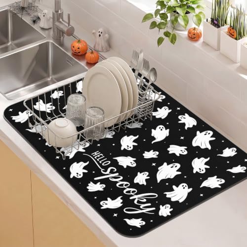 Halloween Dish Drying Mat Kitchen Countertop, Super Absorbent Coffee Bar Mat by Kuyig+Home