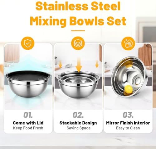 Beasea Mixing Bowls with Lids Set of 3, 1.5/2.5/4 QT Stackable Stainless Steel - Image 3