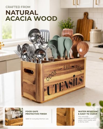 INSAGO Large Acacia Wood Kitchen Utensil Holder Organizer - Image 3
