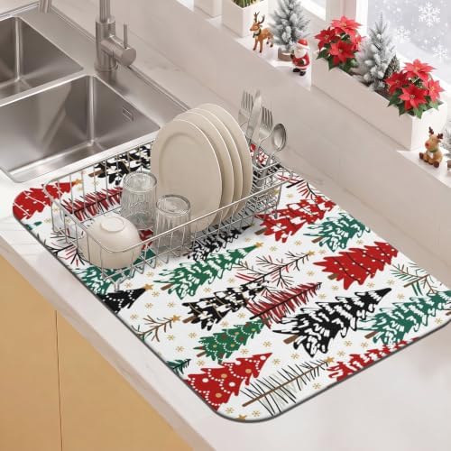 Christmas Dish Drying Mat Kitchen Countertop, Super Absorbent Coffee Bar Mat by Kuyig+Home