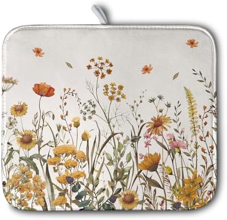 Fall Floral Dish Drying Mat for Kitchen Counter Autumn Burnt Orange Wild by Kwlegh