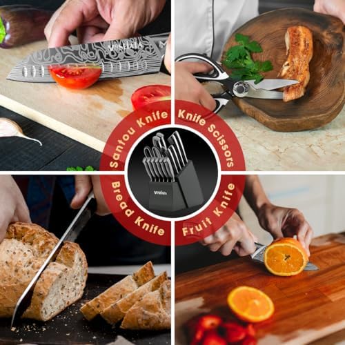 MOSFiATA Kitchen Knife Set, Dishwasher Safe, Titanium Plated Knife Block Set - Image 7