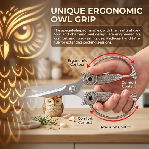 XSNBRD All Purpose Kitchen Shears, Pearl Nickel Stainless Steel Owl Scissors - Image 4