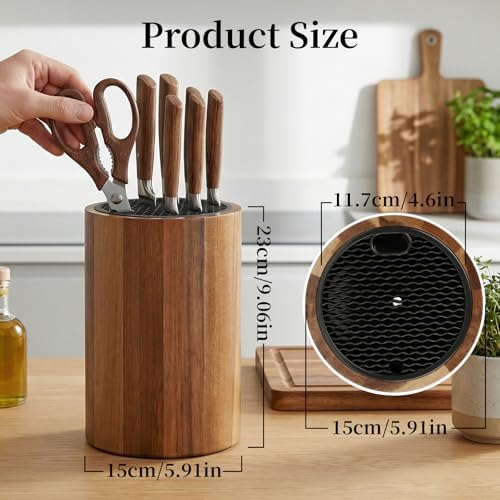 Ninonly Round Acacia Wood Knife Block Without Knives - Image 2