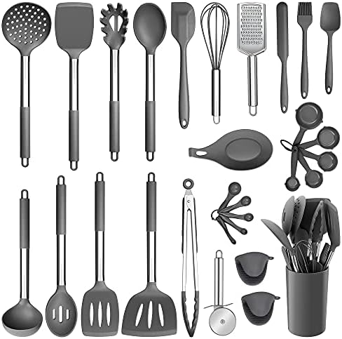 E-far Silicone Cooking Utensils Set, 30-Piece Gray Kitchen Utensils Set by E-far
