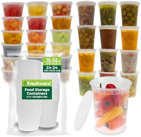 Freshware 48 Pack of 16 and 32 oz, 24 sets each size Food Storage Containers by Freshware