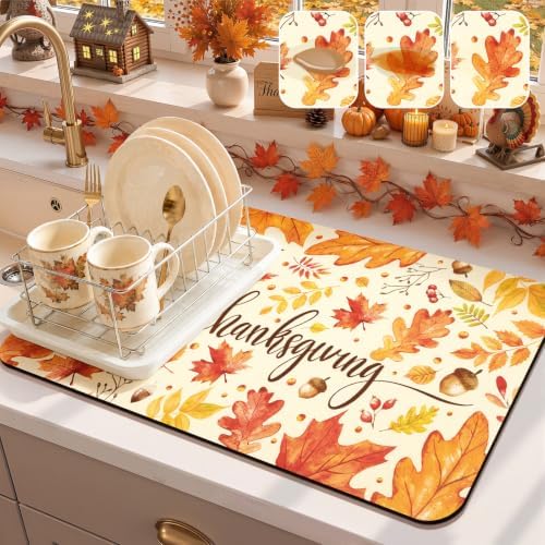 Findosom Thanksgiving Dish Drying Mat 12" x 20" Super Absorbent Coffee Mat by Findosom