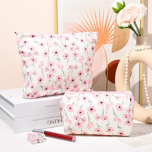 SOIDRAM 2 Pieces Flower Makeup Bag Large Floral Cosmetic Bag Capacity Canvas - Image 2