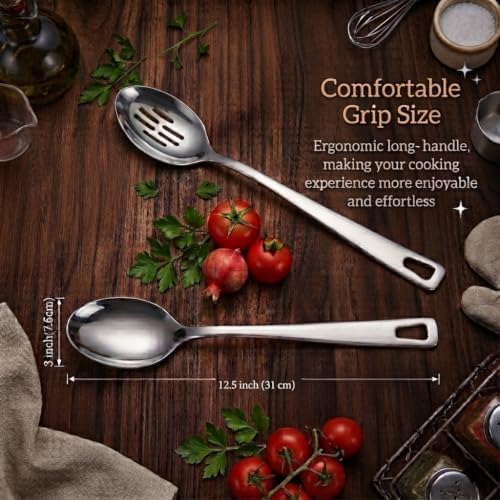 Large Cooking Spoon Set, 12.5-inch Stainless Steel Solid & Slotted Spoons - Image 5