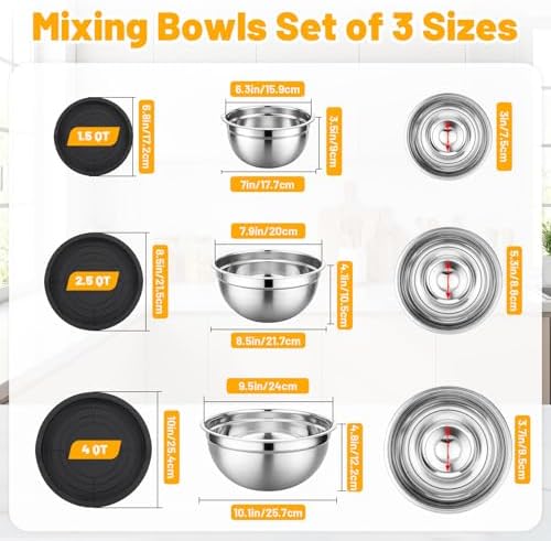 Beasea Mixing Bowls with Lids Set of 3, 1.5/2.5/4 QT Stackable Stainless Steel - Image 2